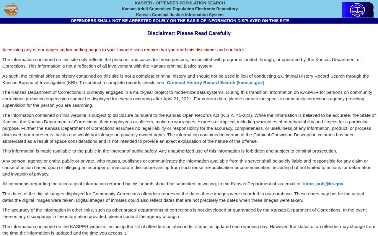 Kansas KASPER disclaimer and offender-search entry